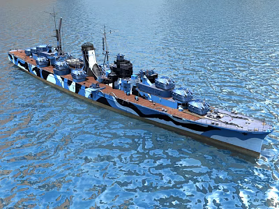 Camouflaged Battleship Sailing On Blue Water With Naval Design Features 3d model