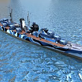 Camouflaged Battleship Sailing On Blue Water With Naval Design Features