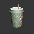 Decorative Green Paper Cup Featuring White Lid Red Straw And Cute Cartoon Patterns