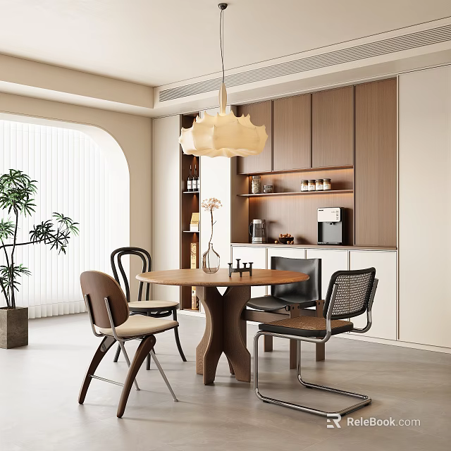 Modern Open Restaurant Interior With Wooden Dining Table Chairs Pendant Light And Green Plant 3d model 