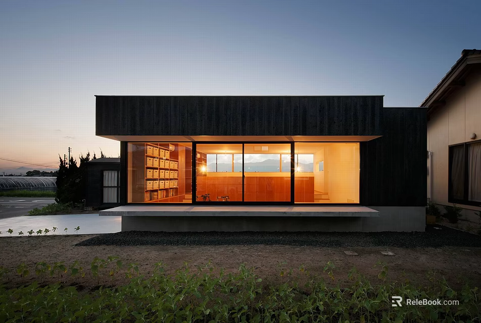 Modern Detached House Featuring Black Exterior Large Glass Windows Sunset Glow and Illuminated Interior 3d model 