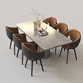 Modern Dining Table Set With Marble Top And Six Brown Upholstered Chairs 3d model