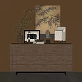 Wooden Entryway Cabinet Sideboard With Vase Framed Art Sculpture Lamp And Decorative Painting Backdrop