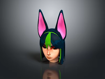 Anime Style Character Head With Creature Ears Black Hair Green Highlights And Pink Accents 3d model