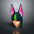 Anime Style Character Head With Creature Ears Black Hair Green Highlights And Pink Accents