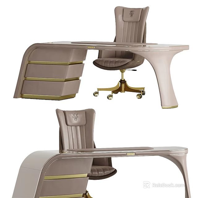 Luxury Modern Office Desk With Leather Chair Gold Metal Base And Storage Drawers 3d model 