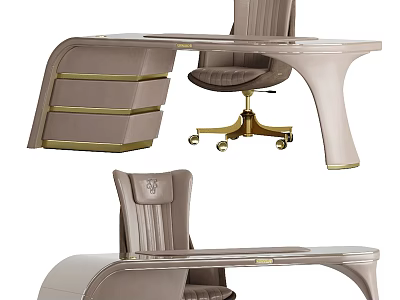 Luxury Modern Office Desk With Leather Chair Gold Metal Base And Storage Drawers 3d model
