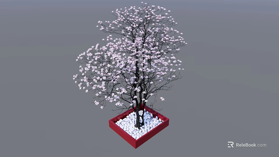 Blooming Tree With White Pink Flowers In Red Square Pot And White Pebbles 3d model 