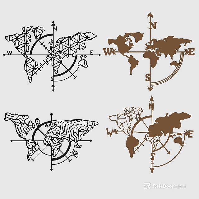 World Map Wall Decor with Geometric Patterns Compass Directions and Various Designs 3d model