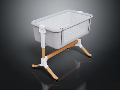 Modern Gray Baby Crib With Mesh Sides White Frame Wooden Legs And Wheels 3d model