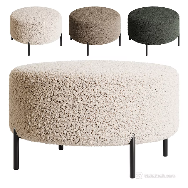 Round Shaggy Plush Ottoman with Black Metal Legs and Multiple Color Options 3d model 