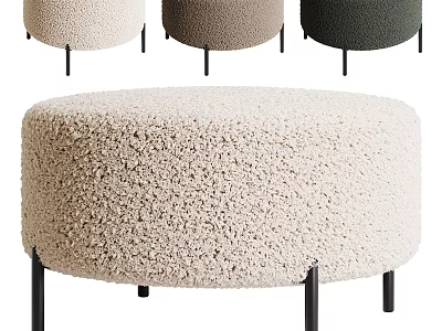 Round Shaggy Plush Ottoman with Black Metal Legs and Multiple Color Options 3d model