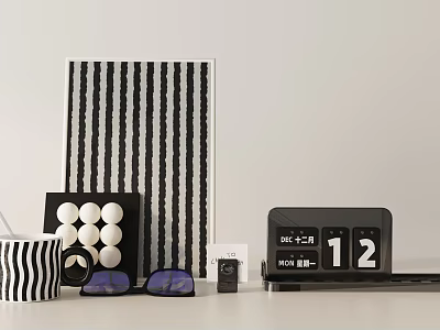 Modern Decorative Ornament Set With Striped Painting Round Dots Mug Purple Sunglasses And Calendar Clock 3d model
