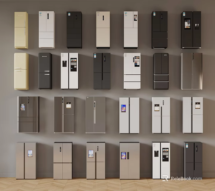 Various Refrigerator Designs In Different Colors And Styles On Wall 3d model