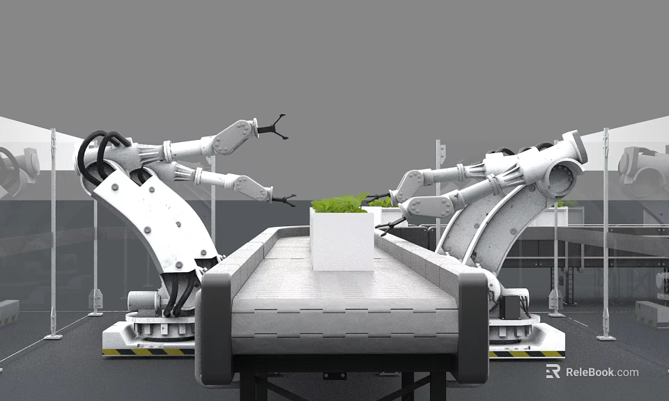 Industrial Equipment With Automated Robotic Arms And Conveyor Belt System 3d model 