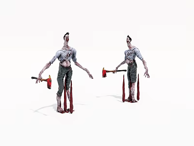 Zombie Game Movie Character In Tattered Clothes With Bloodstains Holding Axe And Hammer 3d model