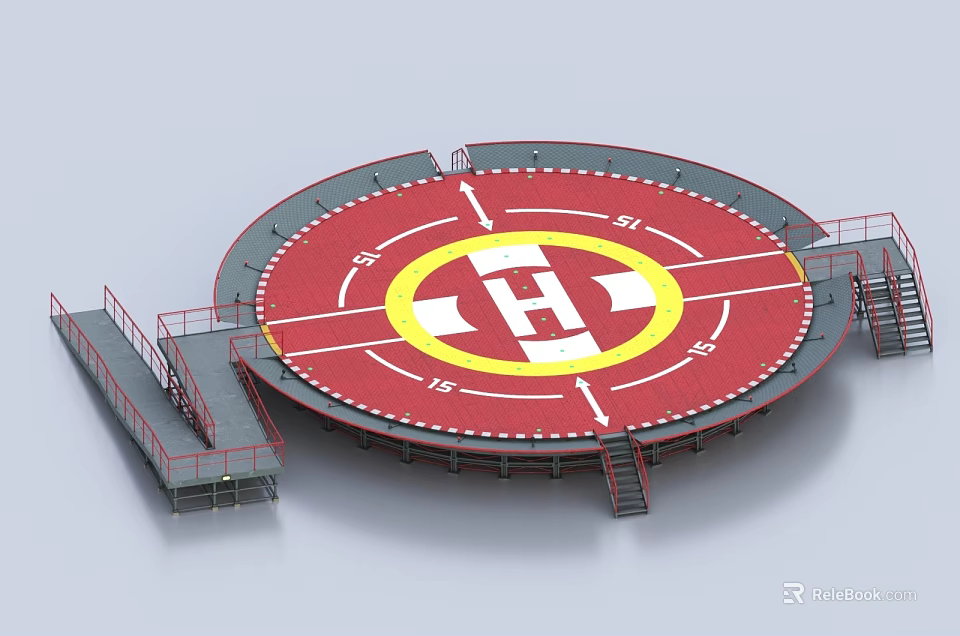 Circular Platform With Red Surface Yellow Circle White H Logo Arrows And Stairs 3d model