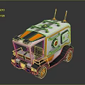 Futuristic Sci Fi Vehicle With Orange Gray Accents Top Antennas Round Windows And Unique Wheels