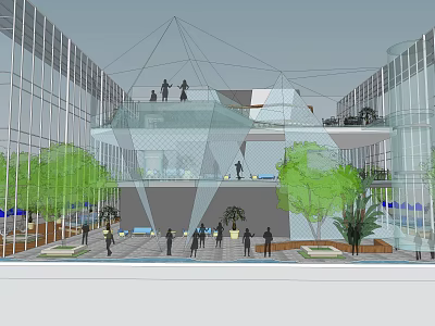 Modern Clubhouse Architecture With Glass Facade Multi Level Interior Green Plants And People Gathering 3d model