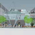 Modern Clubhouse Architecture With Glass Facade Multi Level Interior Green Plants And People Gathering