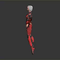 Futuristic 3D Rendered Female Character in Red and Black Mechanical Armor with Detailed Design