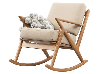 Comfortable Rocking Chair With Wooden Frame Beige Cushion And Pom Pom Pillow 3d model