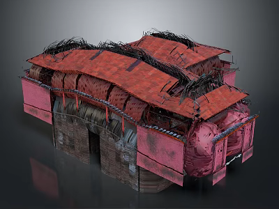 Unique Architectural Structure With Red Roof And Pink Wooden Design Elements 3d model