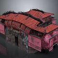 Unique Architectural Structure With Red Roof And Pink Wooden Design Elements