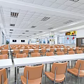 Spacious Cafeteria Interior With White Tables Orange Chairs Bright Windows And Wall Decorations 3d model