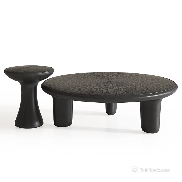 Round Dark Colored Coffee Table With Small Stool And Modern Fabric Surface Design 3d model
