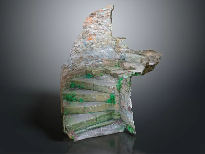 Ancient Stone Steps With Ruined Wall And Moss Covered Natural Texture 3d model
