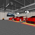 4S Dealership Interior With Parked Red Sports Cars Service Area And Maintenance Equipment
