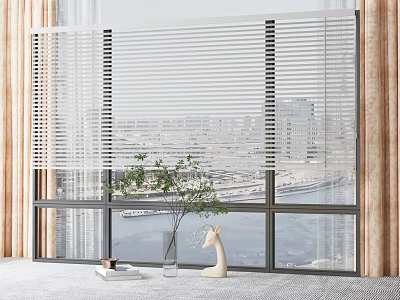 Floor to Ceiling Windows with Blinds City River View Green Plant Vase and Beige Curtains 3d model