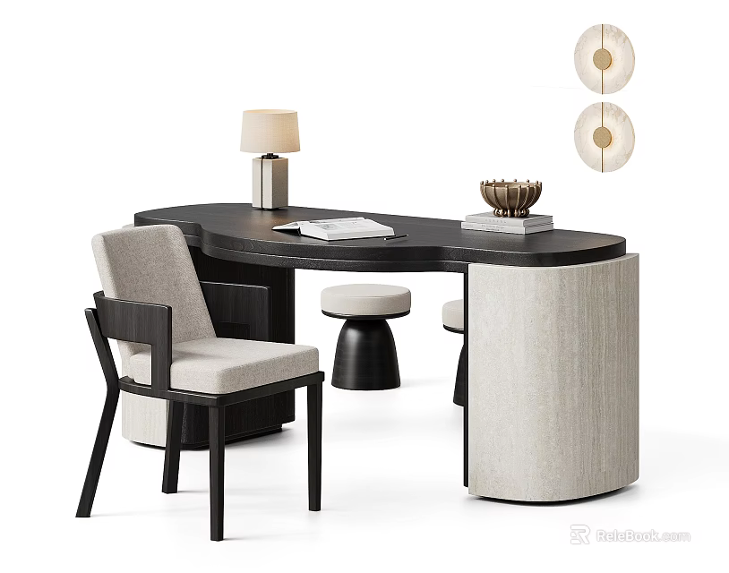 Modern Luxury Curved Desk And Upholstered Chair Combination For Elegant Home Office Working Area 3d model 