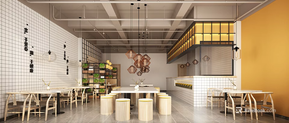 Modern Industrial Restaurant Interior With Hanging Pendant Lights Green Plants And Wooden Tables 3d model 