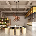 Modern Industrial Restaurant Interior With Hanging Pendant Lights Green Plants And Wooden Tables