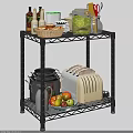 Black Wire Two Tier Shelf For Kitchen With Toaster Fruits Glass Jars And Baskets