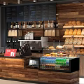 Wooden Café Reception Counter With Bread Display Beverages And Coffee Machine