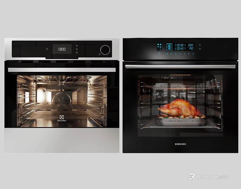 Modern Kitchen Oven Appliances With Roasted Chicken And Empty Interior Design 3d model