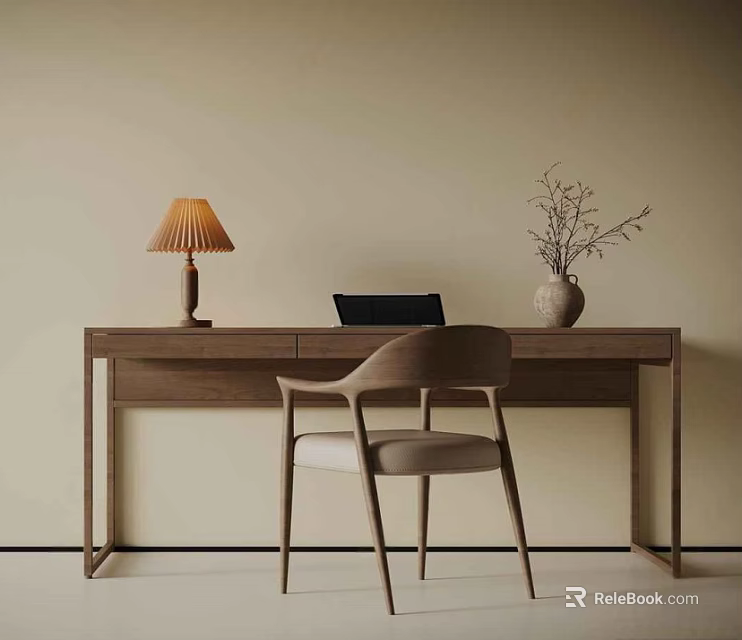 Minimalist Modern Wooden Desk With Chair Table Lamp Laptop And Dried Branch Vase 3d model 