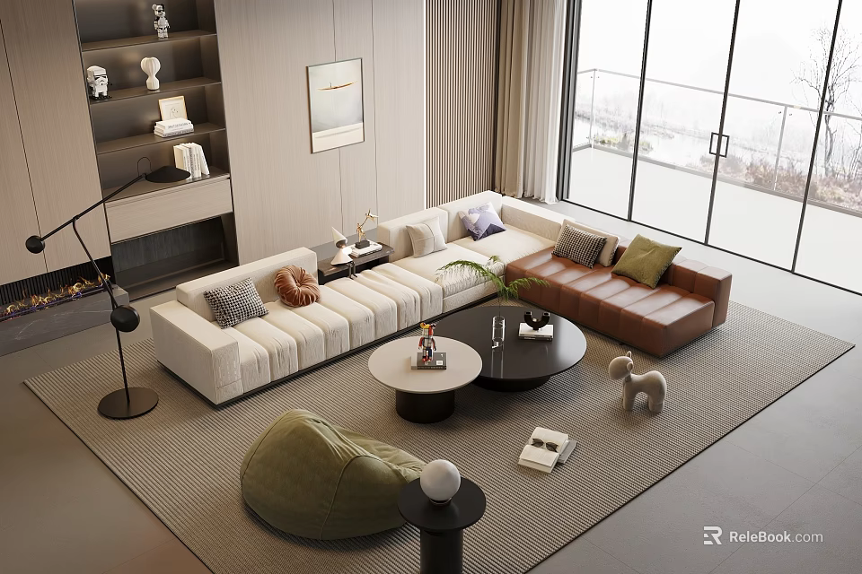 Modern Sofa And Coffee Table Set Featuring White L-shaped Brown Modular Sofas Round Coffee Tables 3d model 