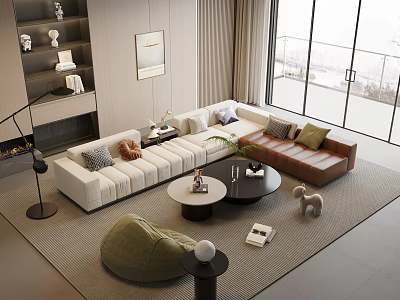 Modern Sofa And Coffee Table Set Featuring White L-shaped Brown Modular Sofas Round Coffee Tables 3d model