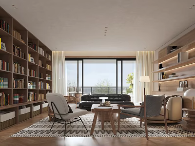 Living Dining Room Interior With Bookshelves Sofa Chairs Coffee Table And Floor To Ceiling Windows 3d model