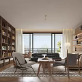 Living Dining Room Interior With Bookshelves Sofa Chairs Coffee Table And Floor To Ceiling Windows