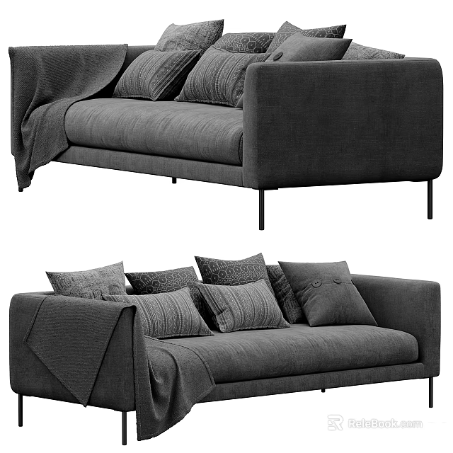 Modern Gray Sectional Sofa With Decorative Pillows And Throw Blanket 3d model