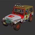 Classic White and Red Off-Road Jeep with Roof Lights Muddy Tires and Yellow Emblem
