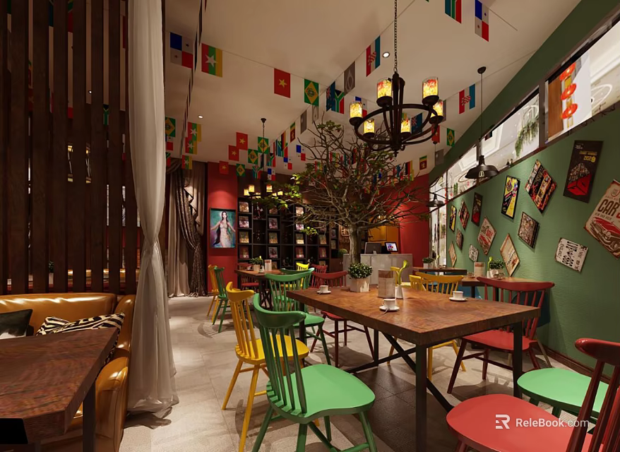 Vibrant Restaurant Interior With Colorful Chairs Wooden Tables Chandelier Flags On Green Walls 3d model 