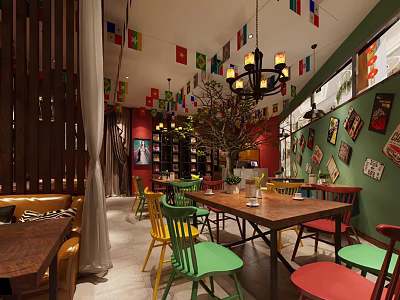 Vibrant Restaurant Interior With Colorful Chairs Wooden Tables Chandelier Flags On Green Walls 3d model