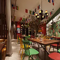 Vibrant Restaurant Interior With Colorful Chairs Wooden Tables Chandelier Flags On Green Walls