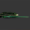 Green Glowing Double Scythe Weapon With Flame Shaped Edges And Central Emblem